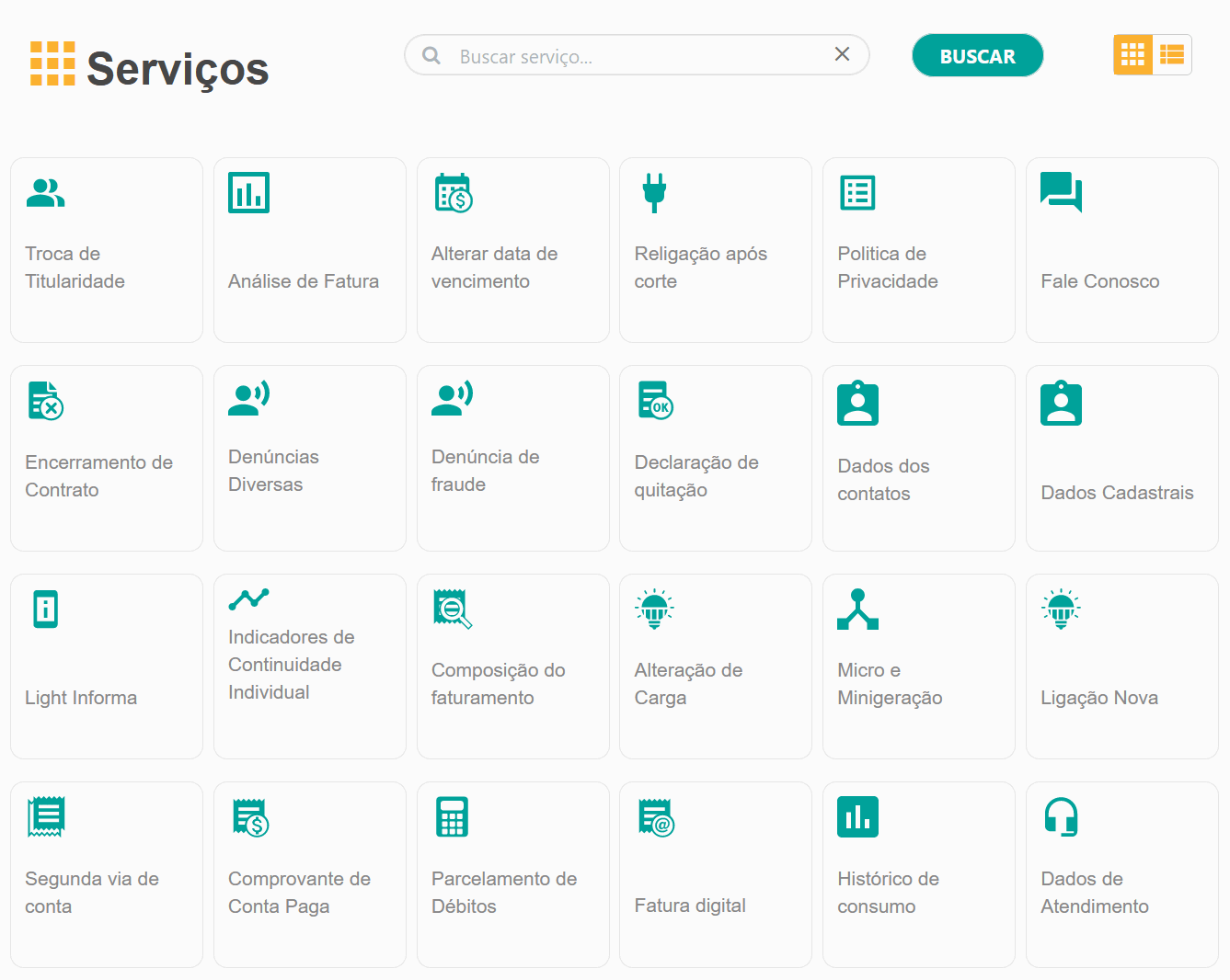 Light — Agência Virtual, grade de serviços