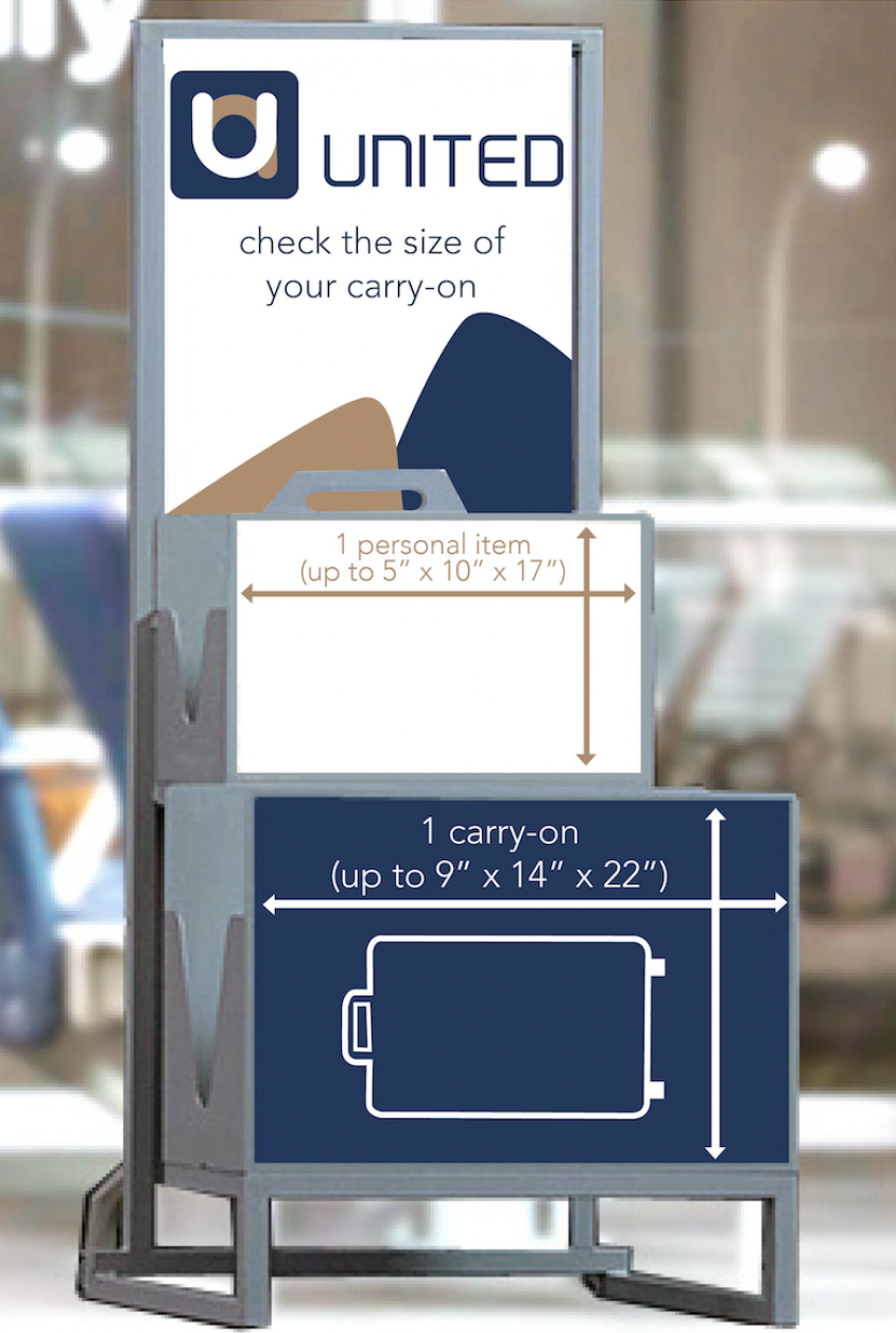 United — Display de aeroporto, gabarito de carry-on